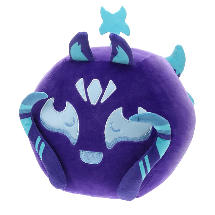 Purple plush toy with blue accents on a white background
