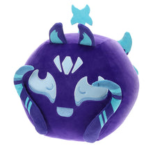 Purple plush toy with blue accents on a white background