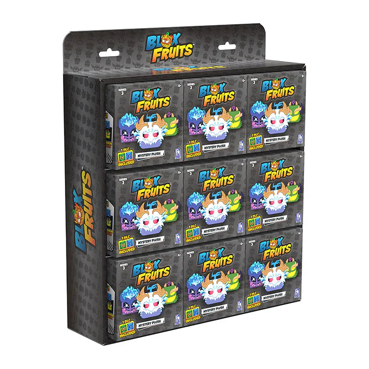 Display of 'Blox Fruits' toy packages with colorful characters on a white background