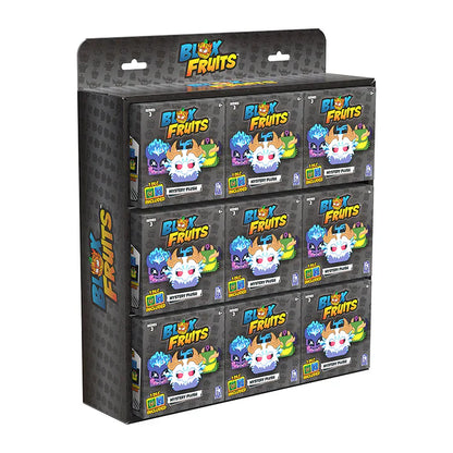 Display of 'Blox Fruits' toy packages with colorful characters on a white background