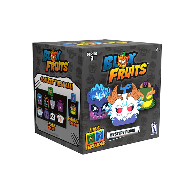 Box of 'Blox Fruits' collectible figures with colorful characters on a white background