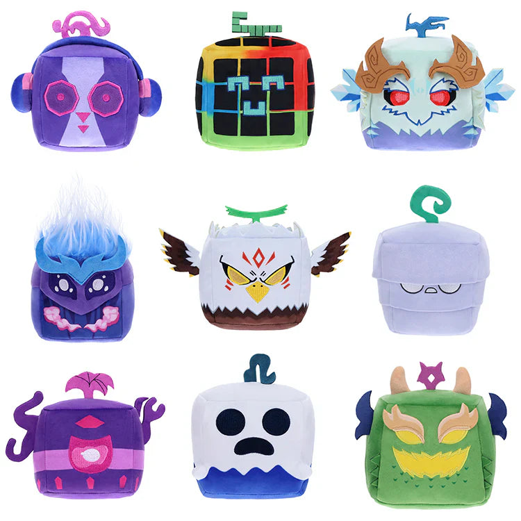 Collection of colorful plush toys with various designs on a white background