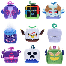 Collection of colorful plush toys with various designs on a white background