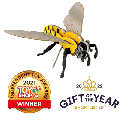 Toy bee model with awards for Independent Toy Awards 2021 and Gift of the Year 2022 on a white background