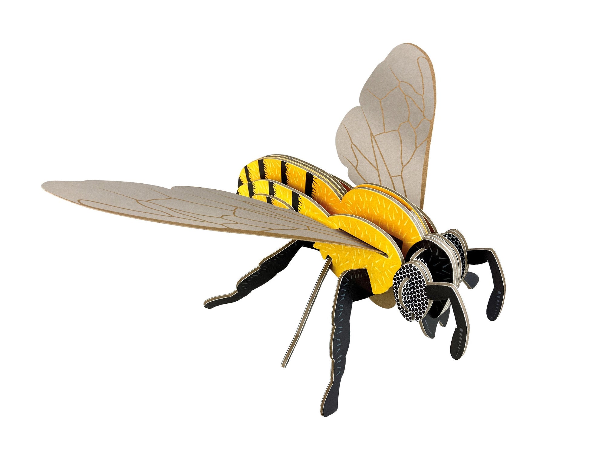 Model of a bee with yellow and black stripes on a white background