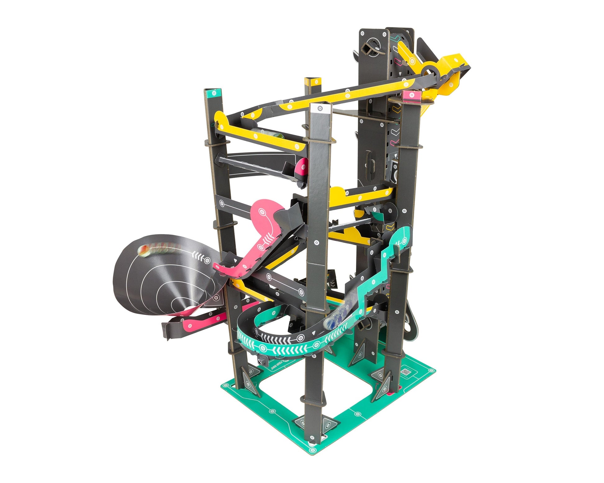 Colorful mechanical toy with various components on a white background