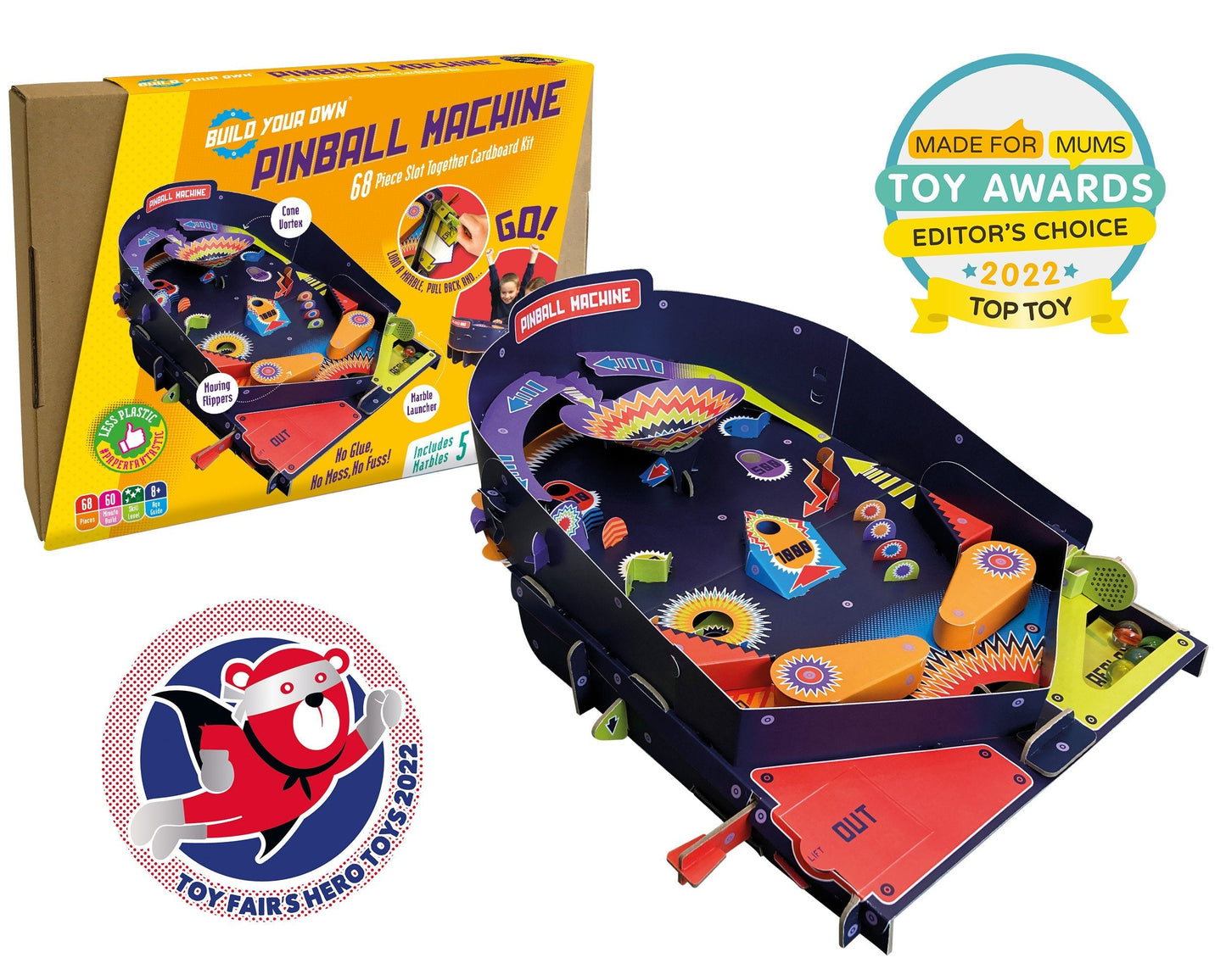 Pinball machine toy with packaging and awards on a white background