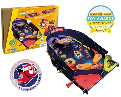 Pinball machine toy with packaging and awards on a white background