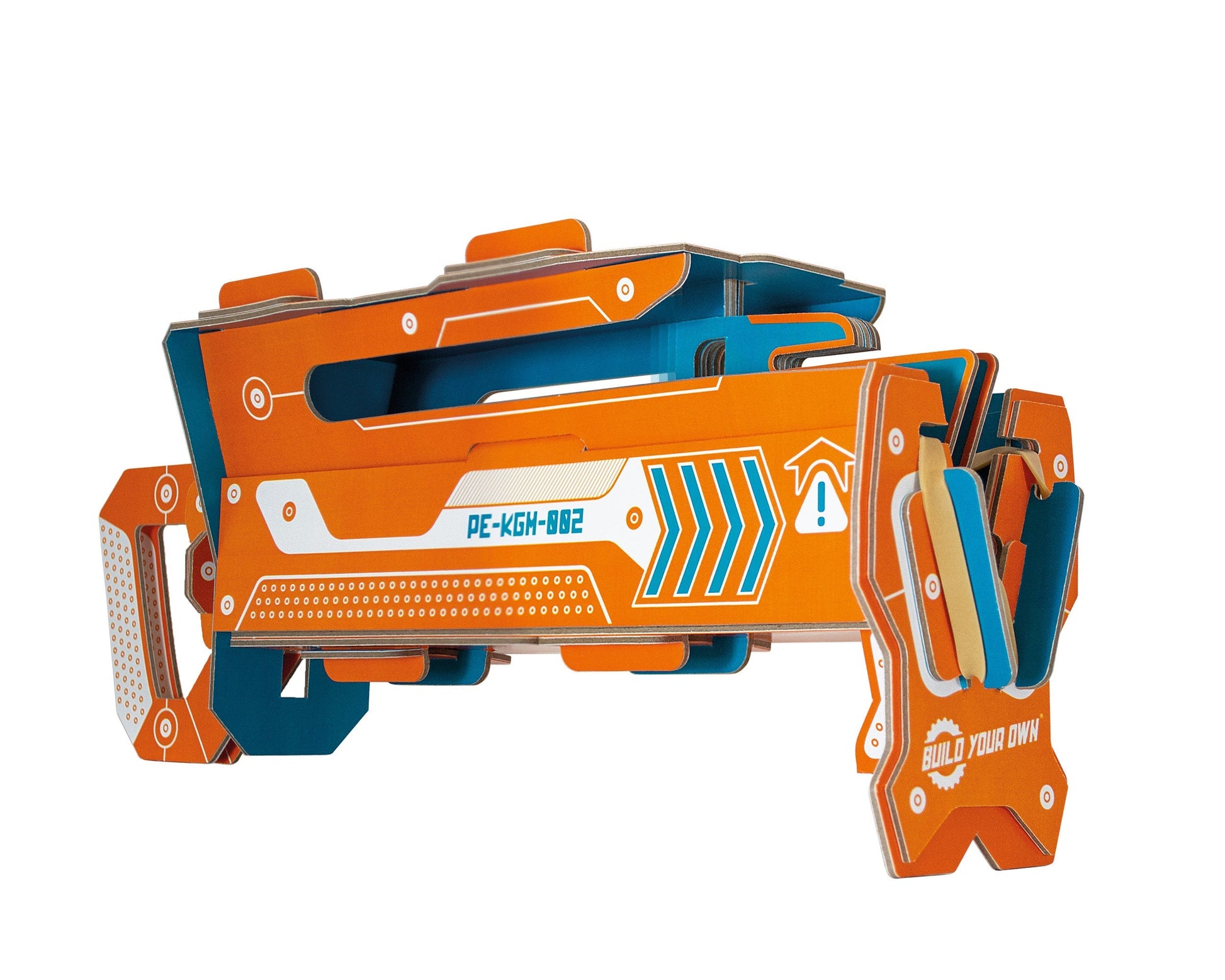 Orange and blue toy plane launcher with intricate design on a white background