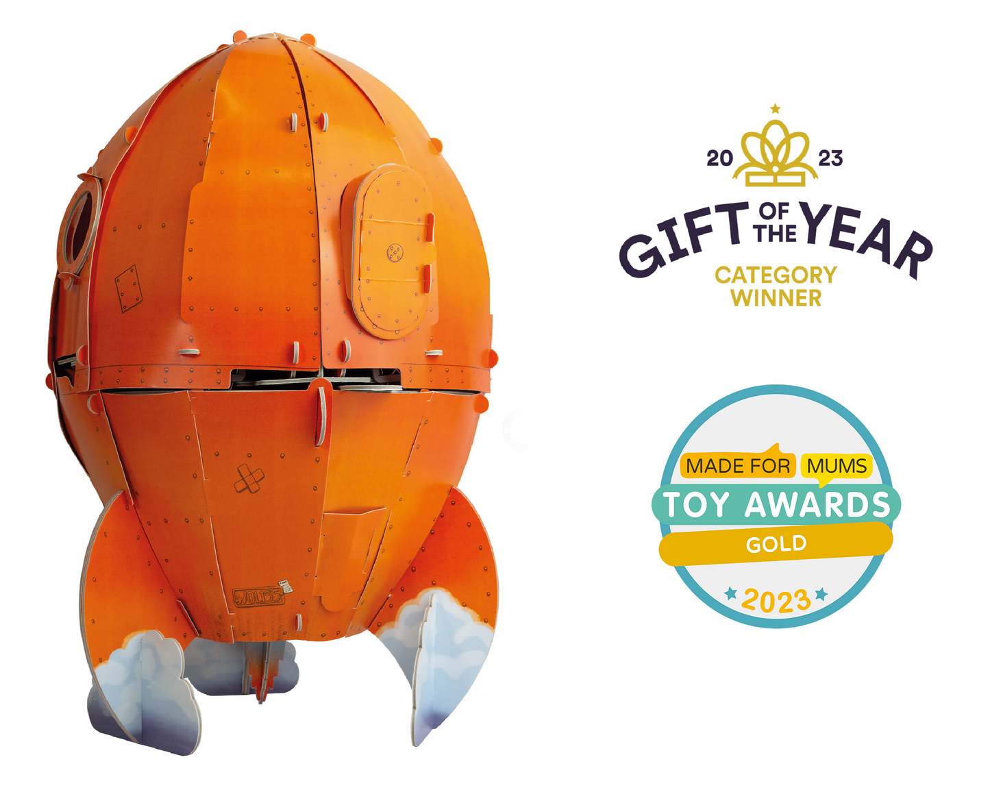 Orange toy resembling a space ship with awards on a white background