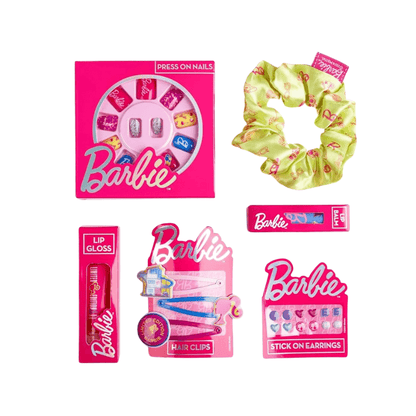Barbie-themed beauty products including press-on nails, scrunchie, lip gloss, hair clips, and stick-on earrings on a white background.