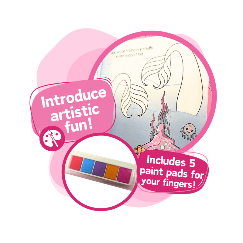 Barbie Finger Painting Book with colour swatches and text listing reasons to love it on a light green background.