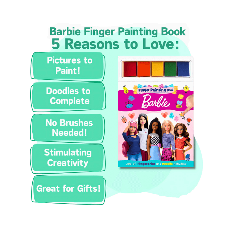 Barbie Finger Painting Book with colour swatches and text listing reasons to love it on a light green background.