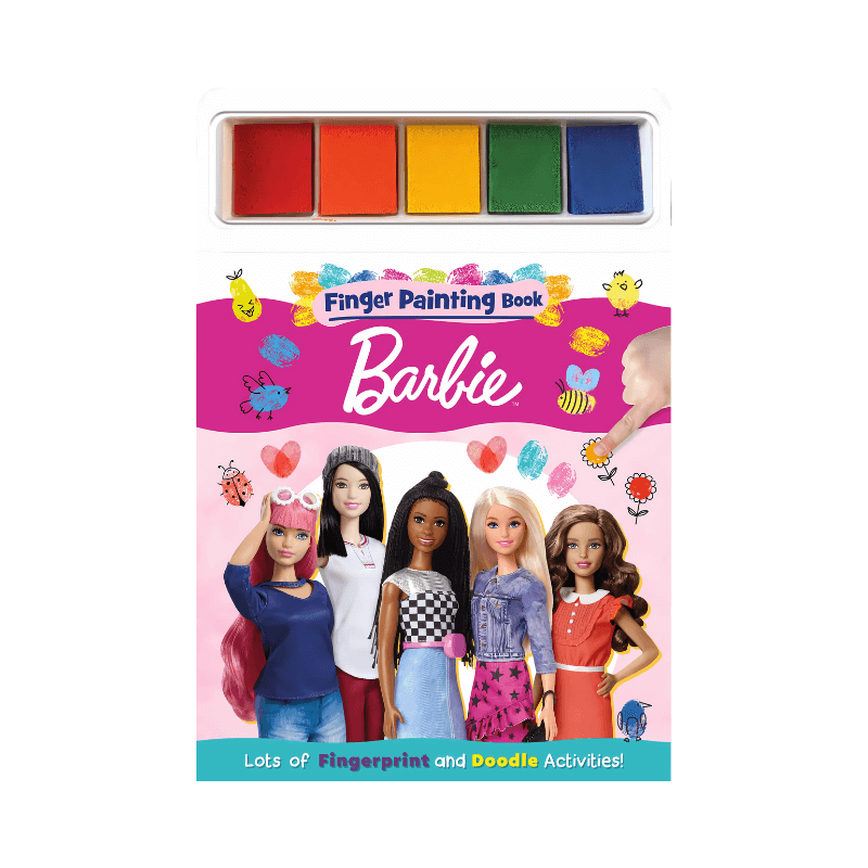 Barbie finger painting book with colourful paint pads on a white background