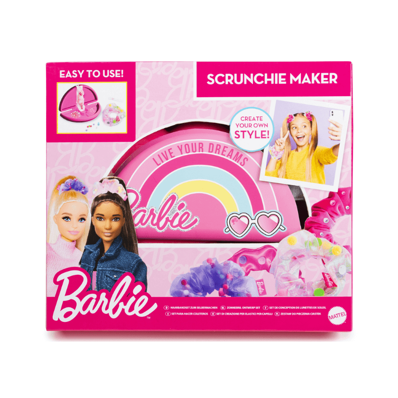 Barbie scrunchie maker toy packaging with two dolls on a white background