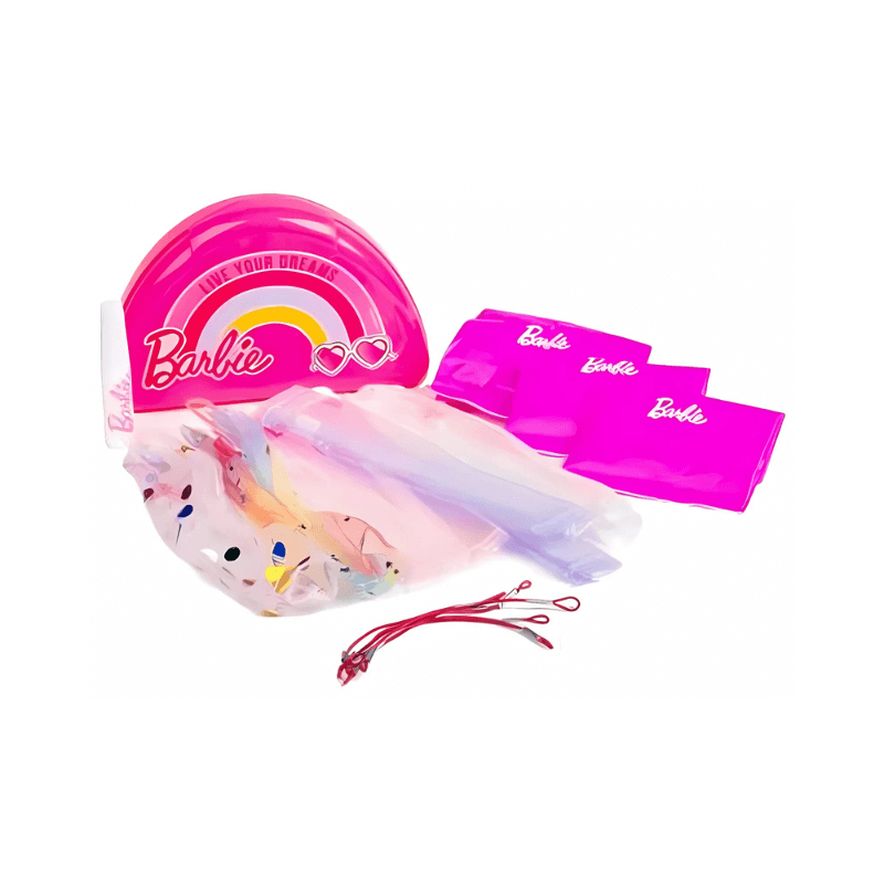 Barbie-themed party favor set with pink bag, clear pouch, and ribbons on a white background