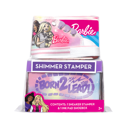 Barbie Shimmer Stamper packaging with sneaker stamper and ink pad shoebox on a white background