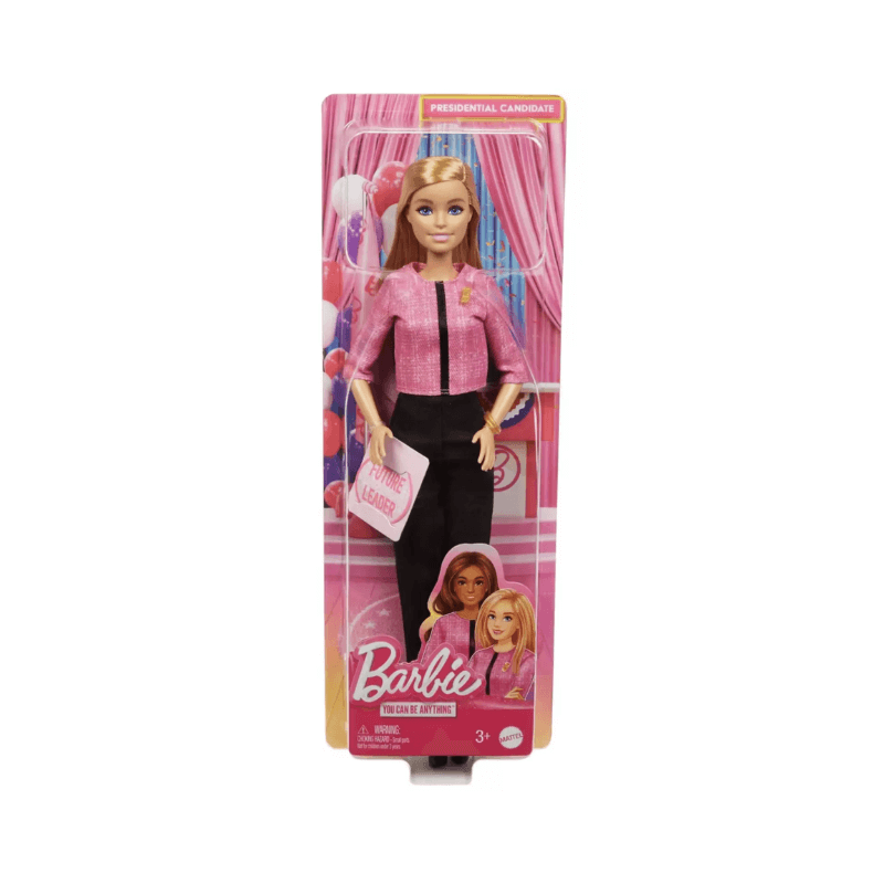 Barbie doll packaging with pink and black outfit on a white background