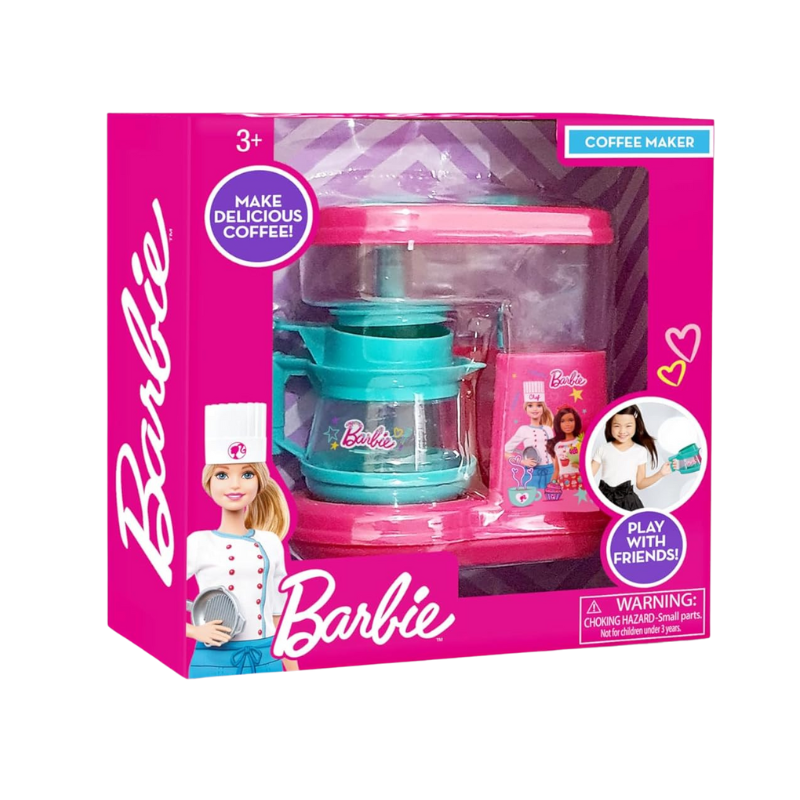 Barbie toy coffee maker set in packaging with pink and purple design