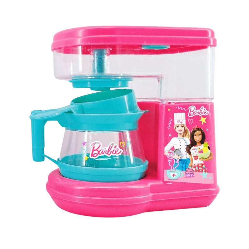 Barbie-themed toy kitchen set with pink and blue colors on a white background