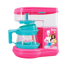 Barbie-themed toy kitchen set with pink and blue colors on a white background