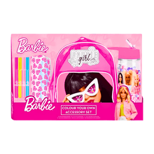 Barbie accessory set packaging with pink backpack, sunglasses, and other items on a white background