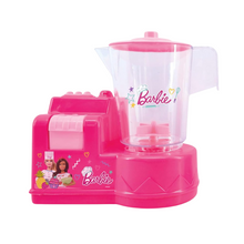 Pink toy blender with 'Barbie' branding on a white background
