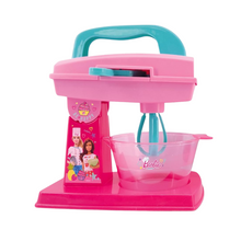 Pink toy mixer with a handle and a bowl on a white background