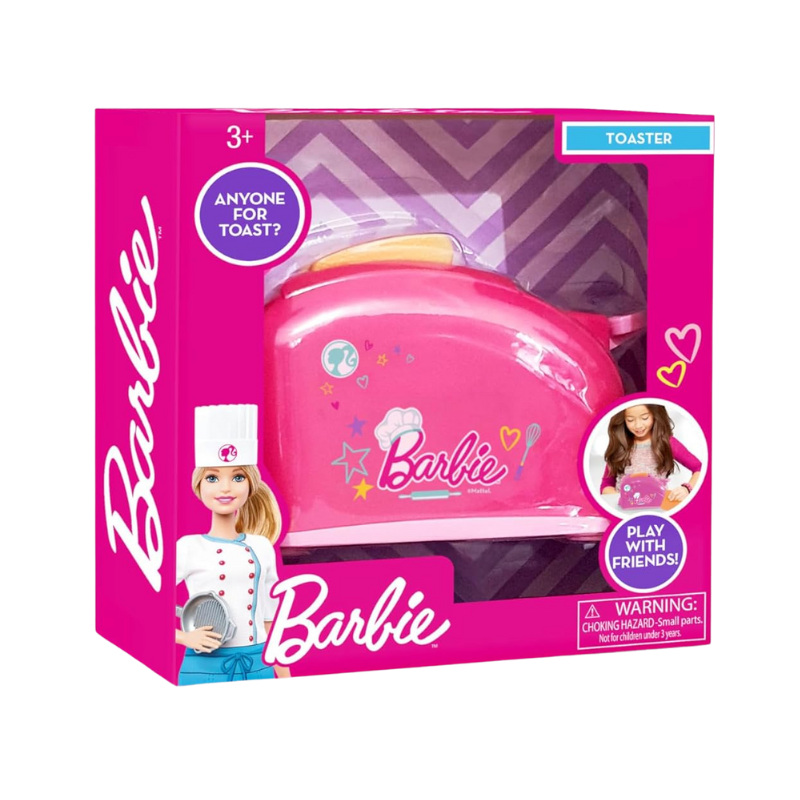 Barbie toaster toy in its packaging with pink and purple design