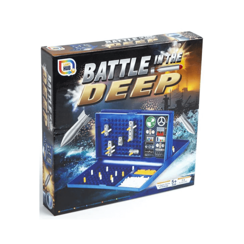 Board game box titled 'Battle in the Deep' with toy figures and space-themed design.