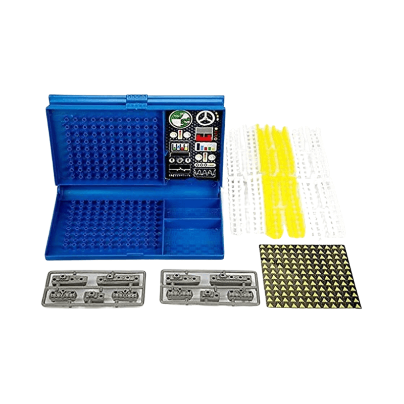 Blue plastic tool kit with various components on a white background