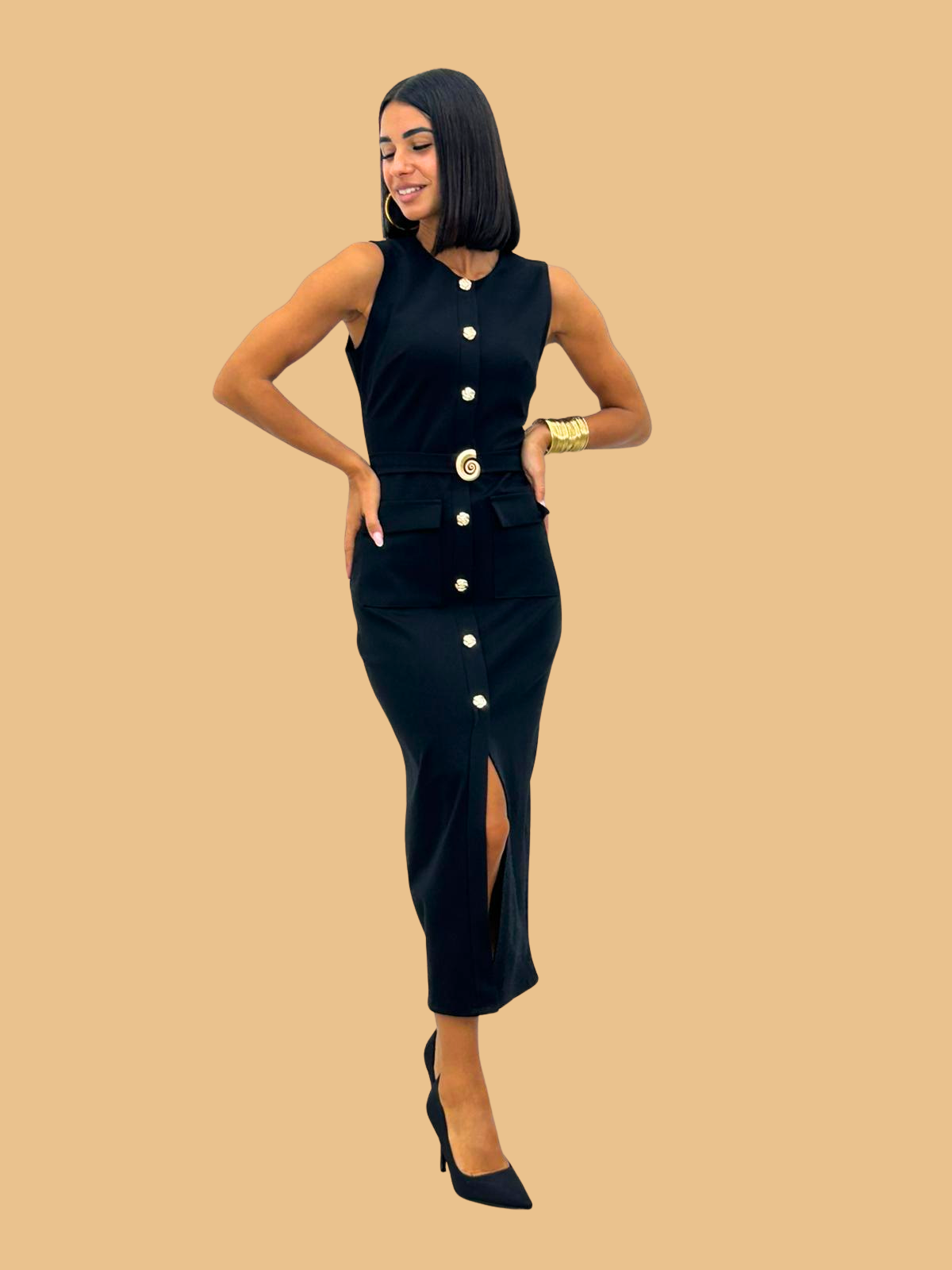 Black Bodycon Belted Midi Pencil Dress With Gold Buttons