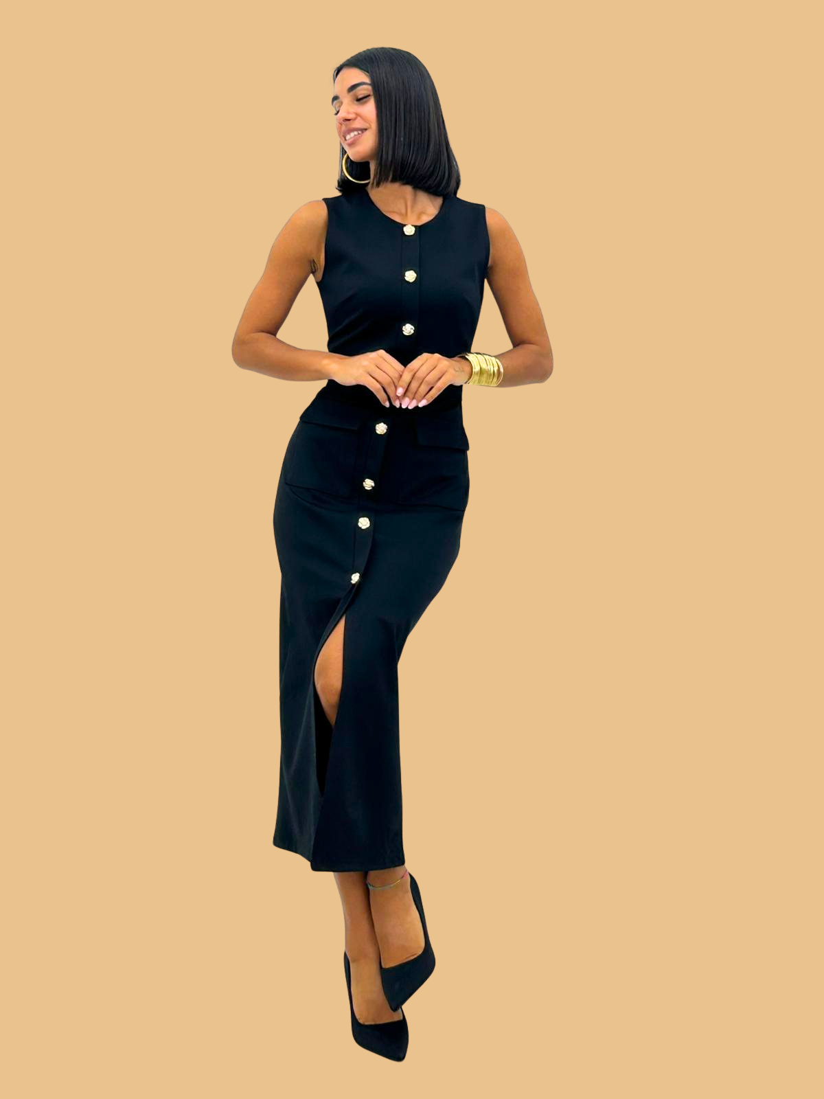 Black Bodycon Belted Midi Pencil Dress With Gold Buttons