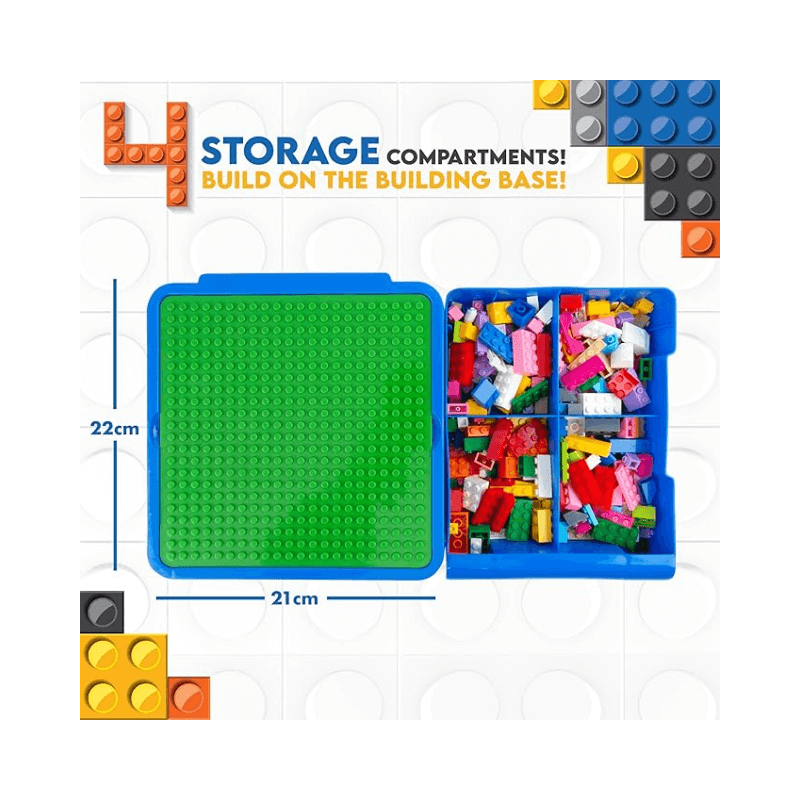 Toy building block set with green baseplate and colourful blocks, featuring text about storage compartments.