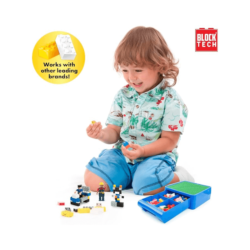 Child playing with building blocks from Block Tech on a white background