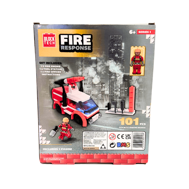 Boxed toy set with fire engine and firefighter figure, labeled 'Fire Response' by Block Tech.