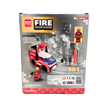 Boxed toy set with fire engine and firefighter figure, labeled 'Fire Response' by Block Tech.