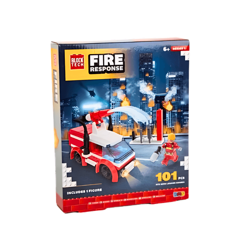 Toy building block set packaging for 'Fire Response' theme with fire truck and firefighter figure on a cityscape background.