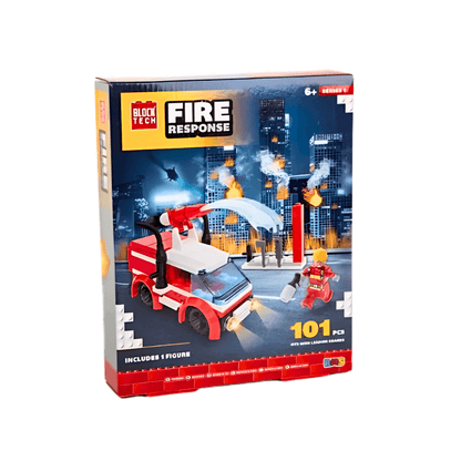 Toy building block set packaging for 'Fire Response' theme with fire truck and firefighter figure on a cityscape background.