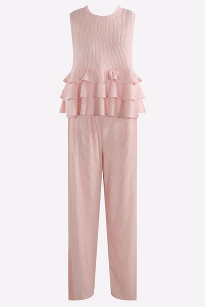 High Neck Frill Blouse & Flared Pants Co-ord Set