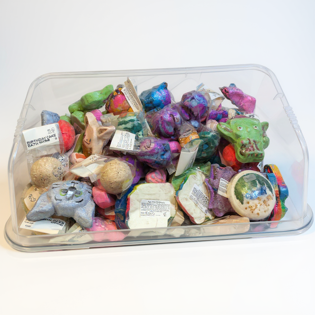 Container filled with colourful bath bombs on a white background