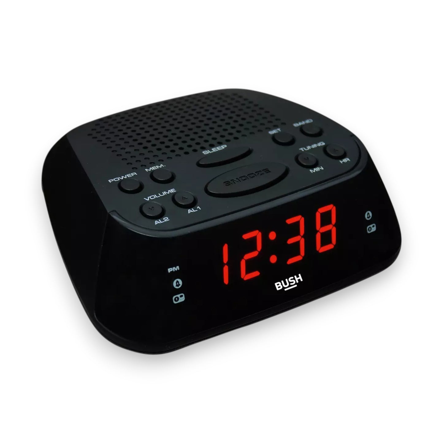 Bush Radio Alarm Clock in sleek black. Dual alarms, FM/AM radio & snooze function. Compact, easy-to-use design. Shop now at New, Used and More!