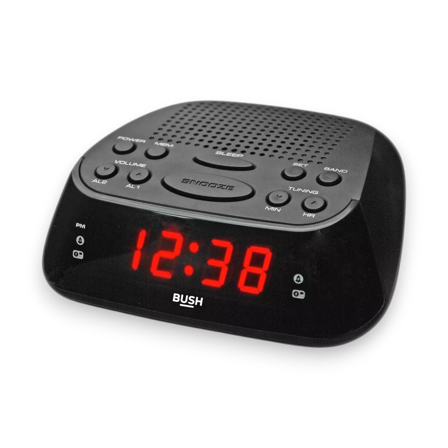 Bush Radio Alarm Clock in sleek black. Dual alarms, FM/AM radio & snooze function. Compact, easy-to-use design. Shop now at New, Used and More!