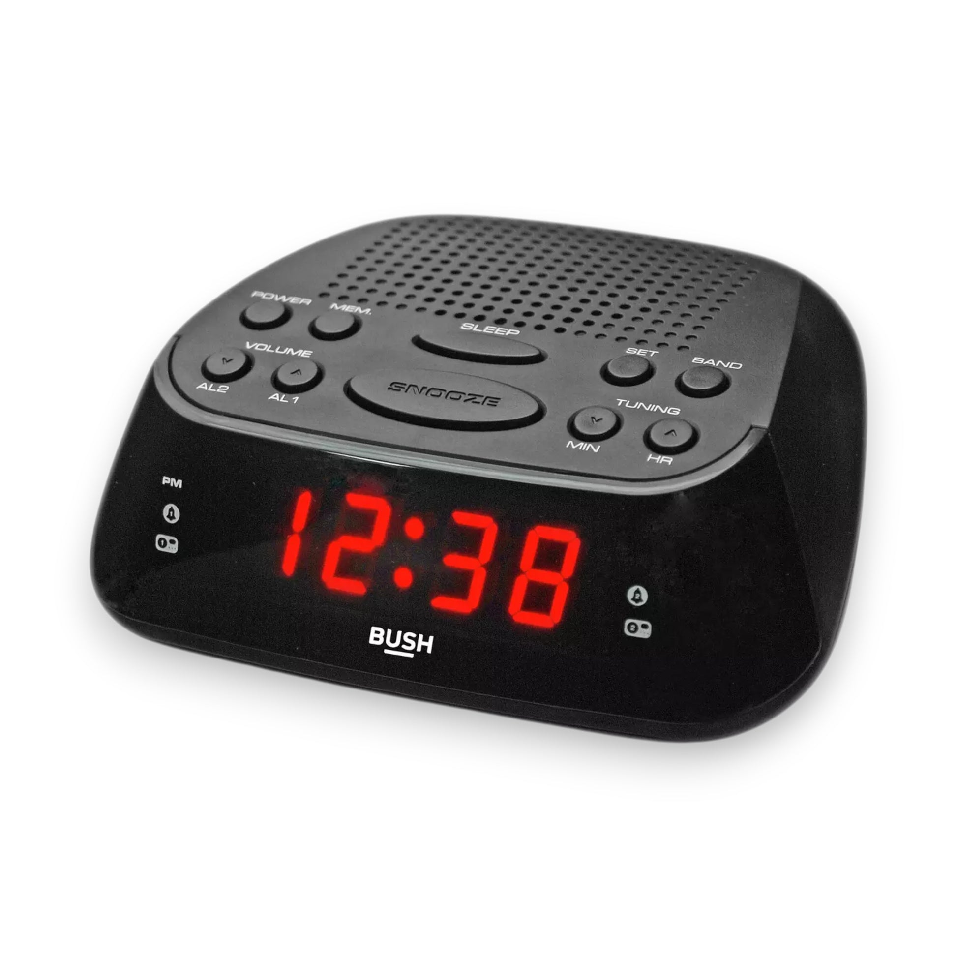 Bush Radio Alarm Clock in sleek black. Dual alarms, FM/AM radio & snooze function. Compact, easy-to-use design. Shop now at New, Used and More!
