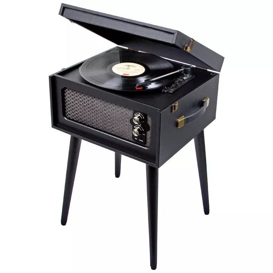 Bush wooden turntable with legs in sleek black. Retro design, quality vinyl playback & stylish home décor piece. Shop now at New, Used and More!