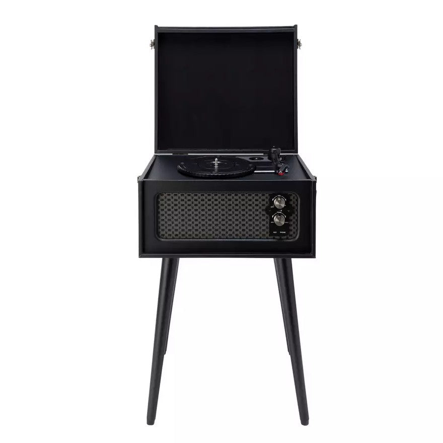 Bush wooden turntable with legs in sleek black. Retro design, quality vinyl playback & stylish home décor piece. Shop now at New, Used and More!