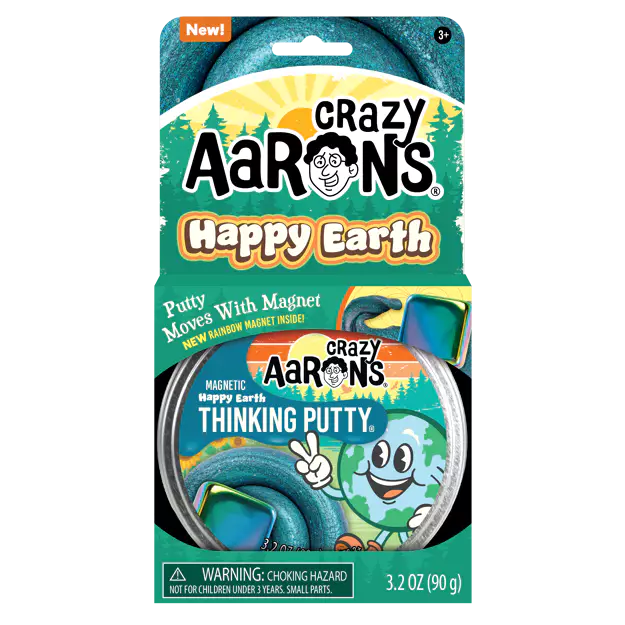 Crazy Aaron's Happy Earth Thinking Putty packaging with blue putty inside