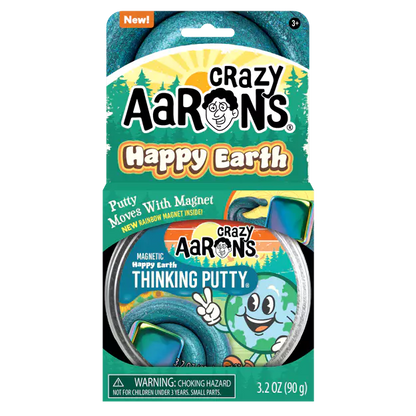 Crazy Aaron's Happy Earth Thinking Putty packaging with blue putty inside