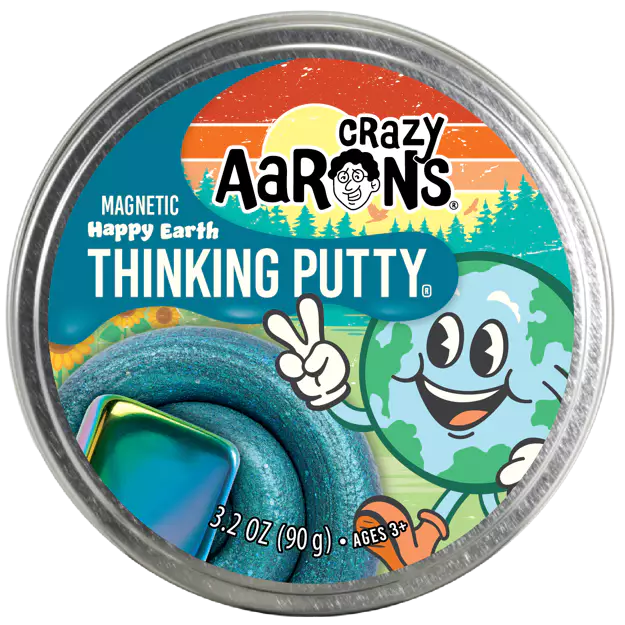 Crazy Aaron's Thinking Putty container with a cartoon character on a white background