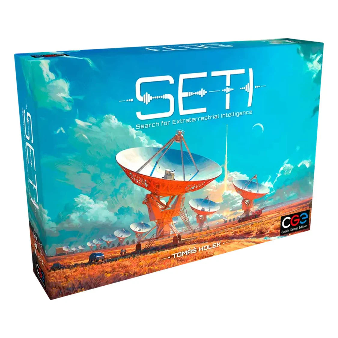 Box for a board game titled 'SETI' with space-themed design